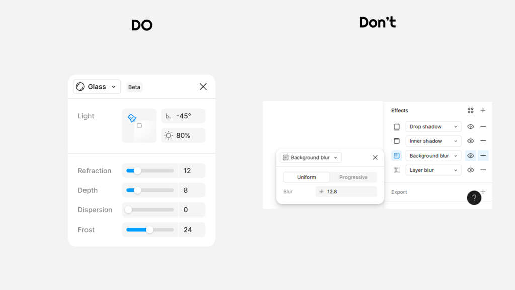 Comparison of correct and incorrect Glass Effect setups, including corner radii, opacity, and background blur layering.