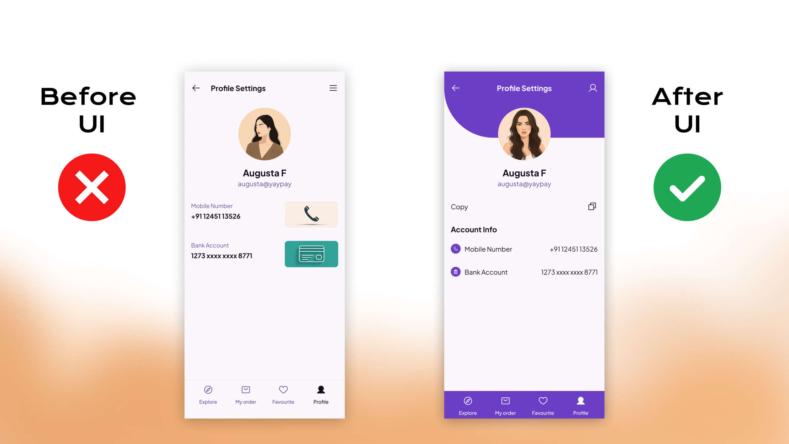 Before-and-after app ui redesign showcasing application user interface design improvements.
