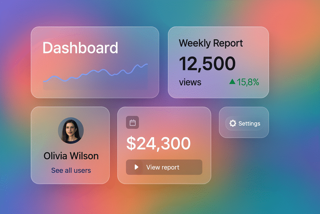 Six UI examples using Glass Effect—navbar, modal, card, toast, floating panel, and login—on colorful backgrounds