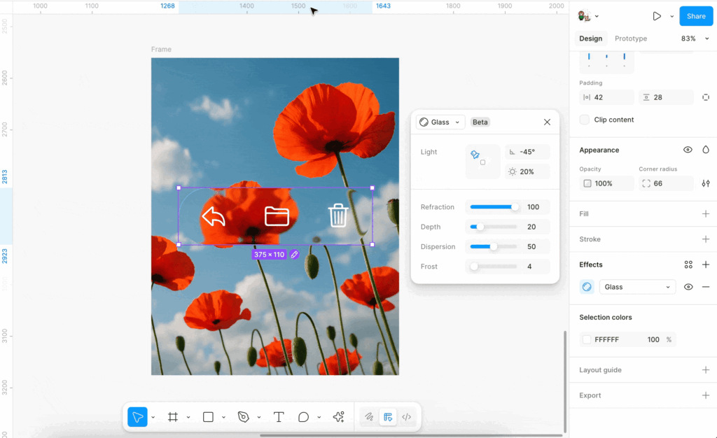 Figma properties panel mock showing Glass Effect selected with sliders for light angle, intensity, refraction, depth, dispersion, and frost.