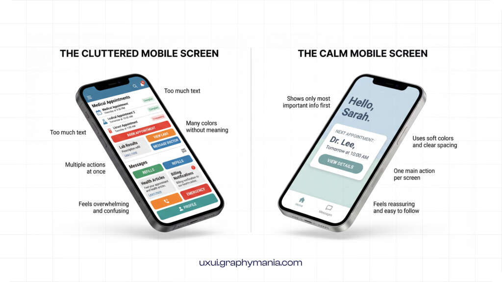 comparison of cluttered and calm UI design for healthcare apps highlighting usability and patient safety