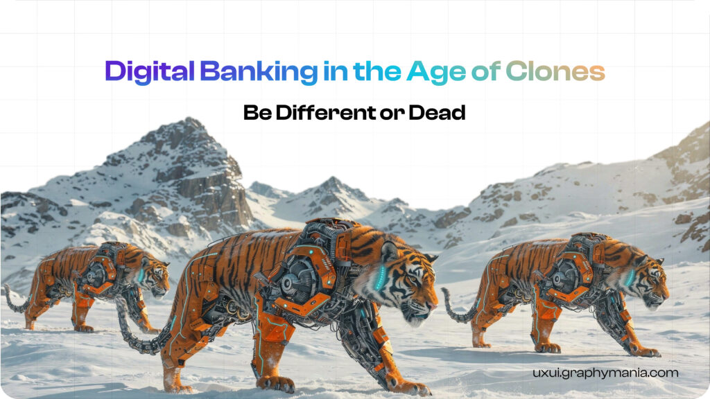 Digital banking experience comparison showing multiple generic banking app interfaces alongside one unique, emotionally engaging UX UI design that stands out