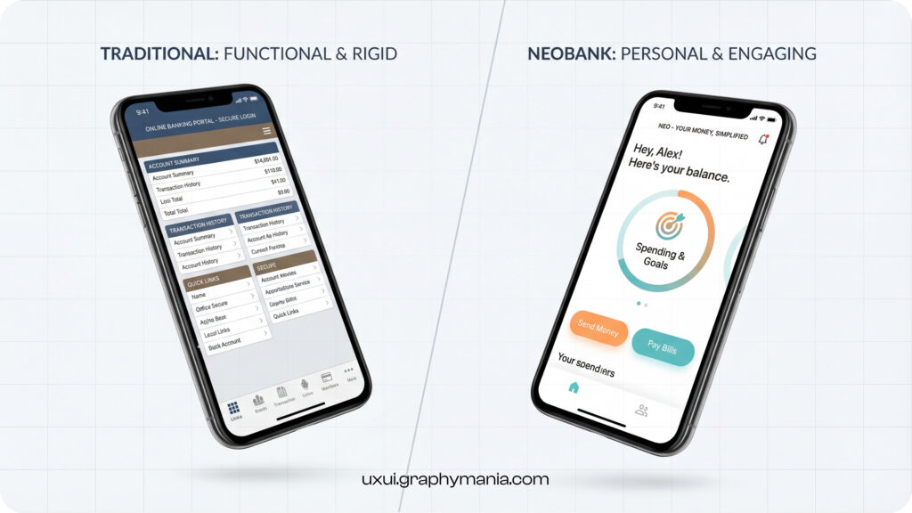 Side-by-side comparison of traditional banking app design and neobank UX UI design highlighting personalization, clarity, and emotional connection