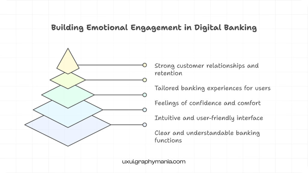 Framework explaining how emotional engagement, personalization in banking, and trust-building UX improve the digital banking experience