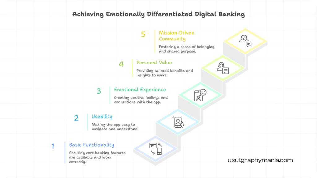 Five-level user experience strategy pyramid showing progression from functional banking apps to emotionally driven and purpose-led digital banking experiences