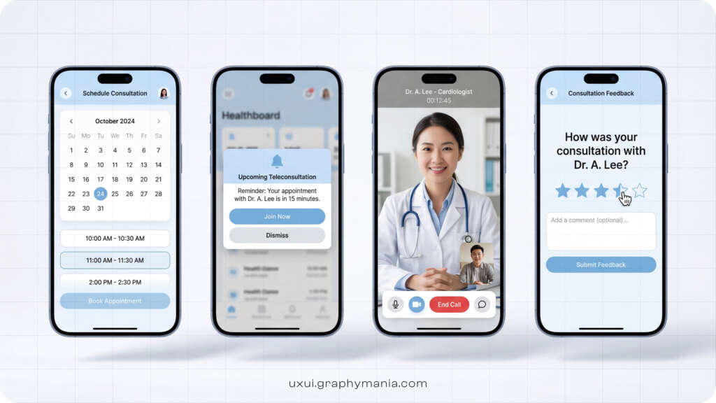 Healthcare app UX design screens showing appointment booking, reminder, teleconsultation and feedback flow