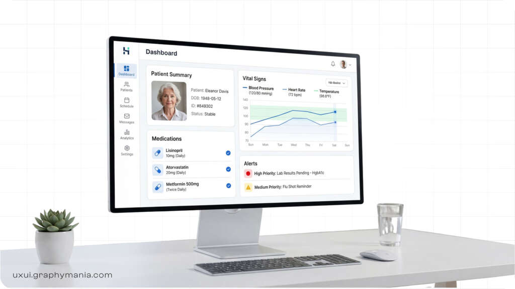 Modern healthcare software usability dashboard showing patient summary, alerts and structured medical data layout