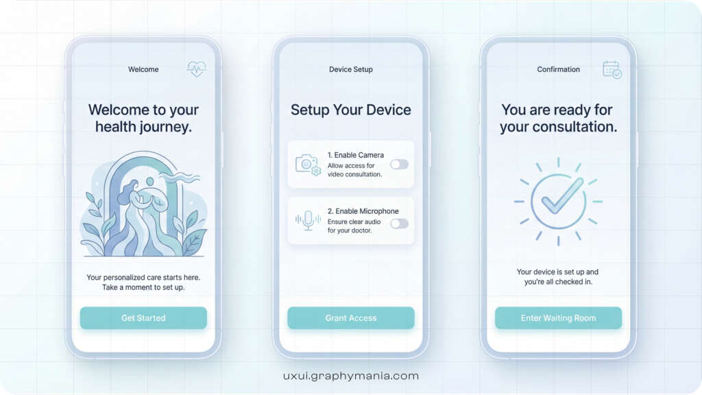 Telehealth onboarding screens guiding patients through camera setup and consultation readiness